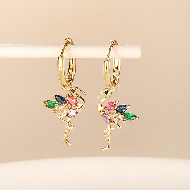 1 Pair Modern Style Flamingo Copper Plating Inlay Zircon Gold Plated Drop Earrings display picture 1