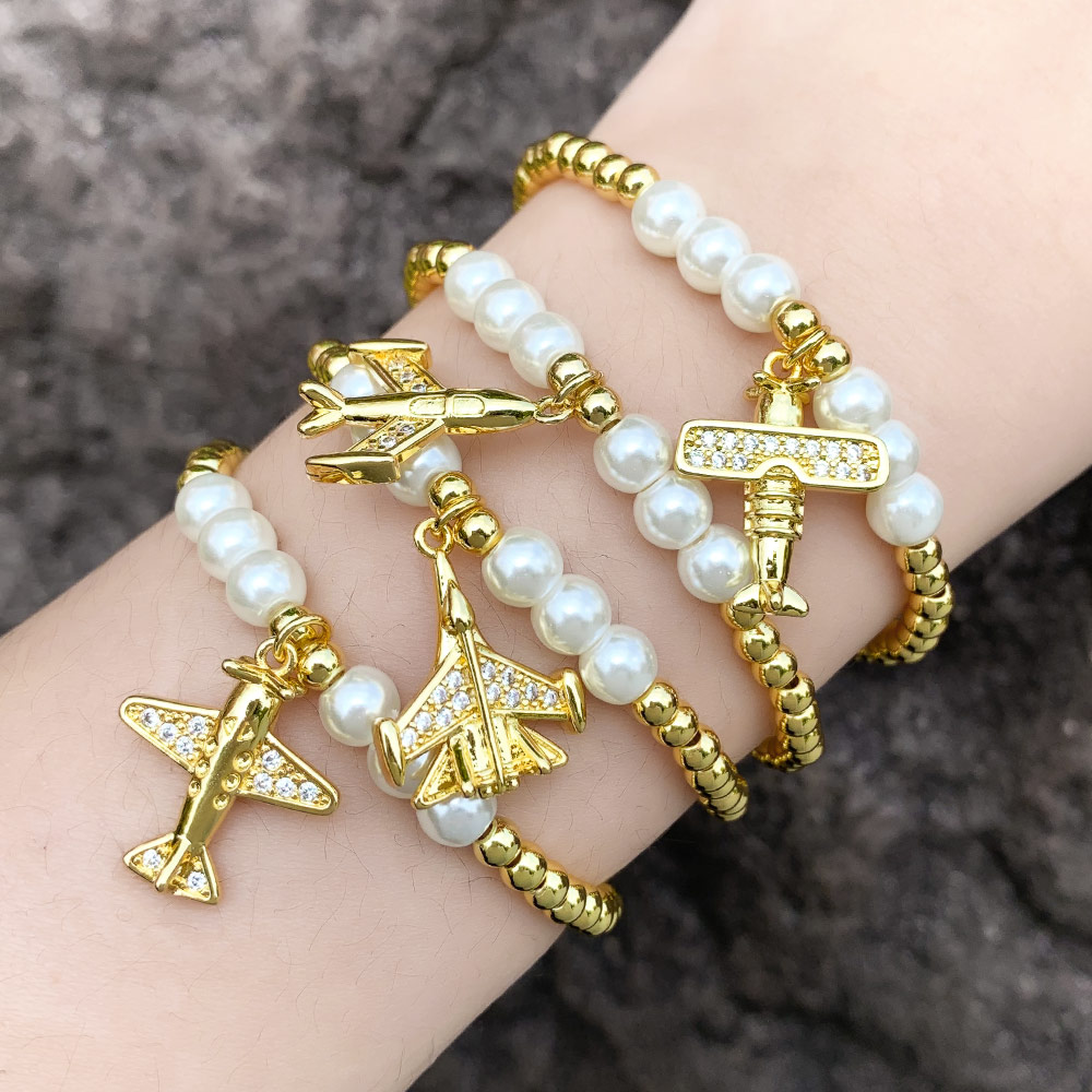 Preppy Style Modern Style Airplane Zircon Baroque Pearls Copper Wholesale Bracelets display picture 2