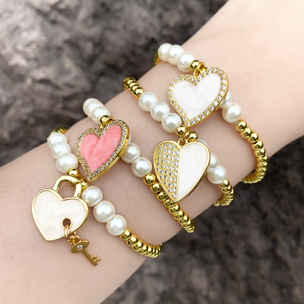 Modern Style Heart Shape Zircon Baroque Pearls Copper Wholesale Bracelets display picture 2