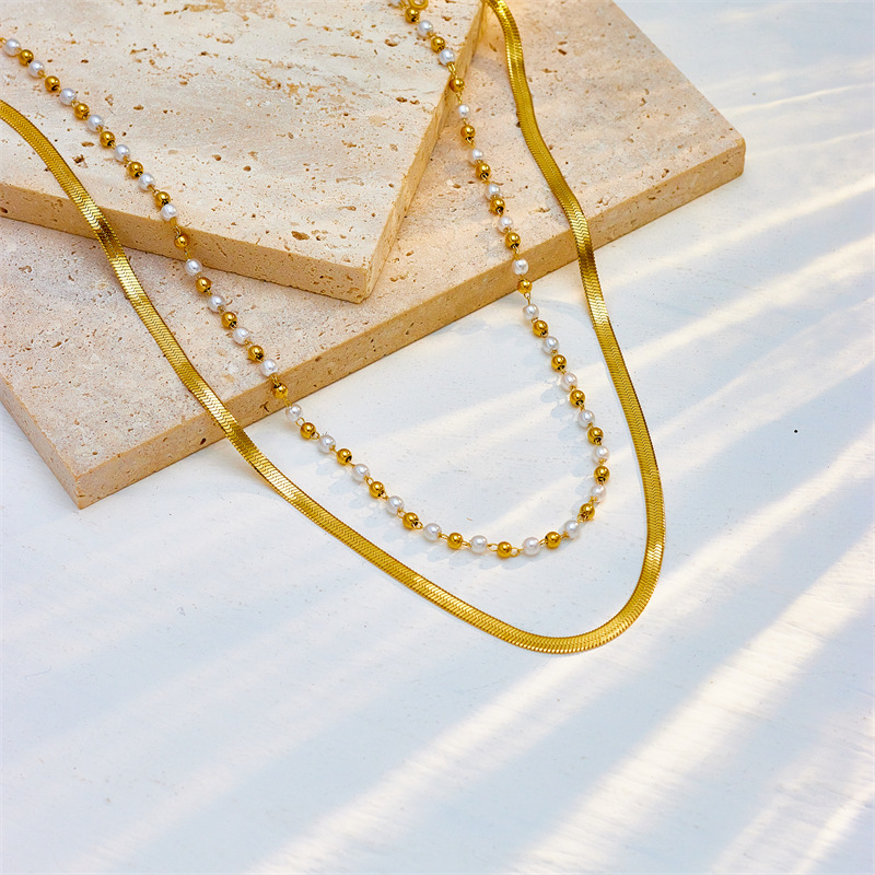Edelstahl 304 18 Karat Vergoldet Lässig Einfacher Stil Perlen Perle Überzug Einfarbig Geschichtete Halskette display picture 3