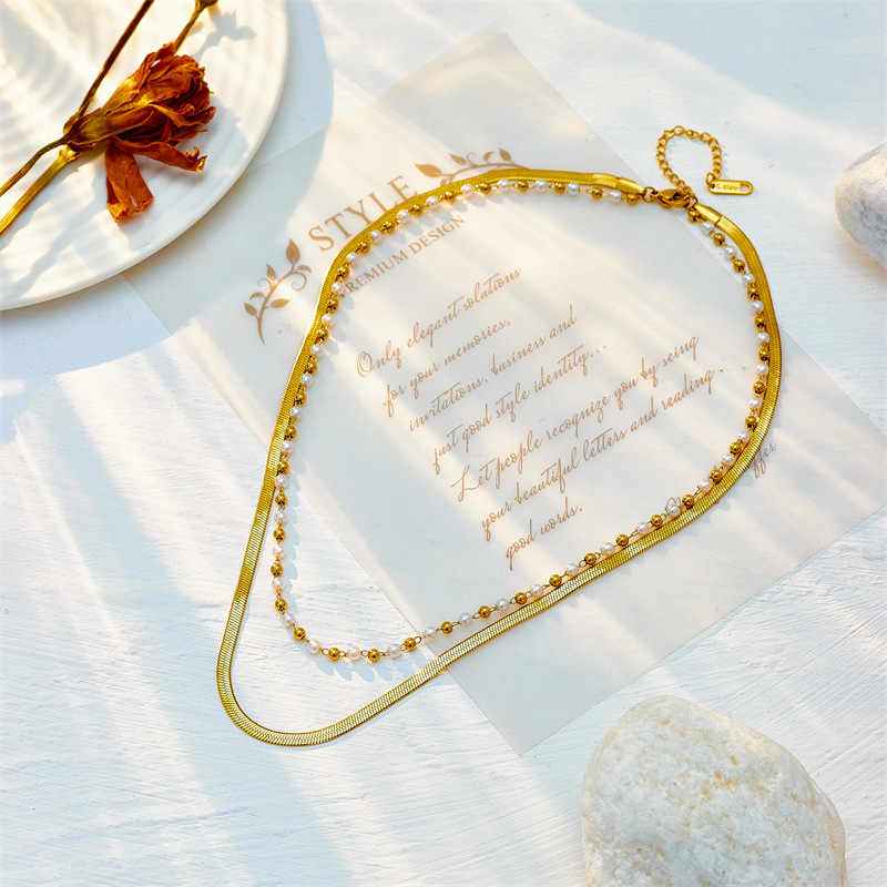 Edelstahl 304 18 Karat Vergoldet Lässig Einfacher Stil Perlen Perle Überzug Einfarbig Geschichtete Halskette display picture 2