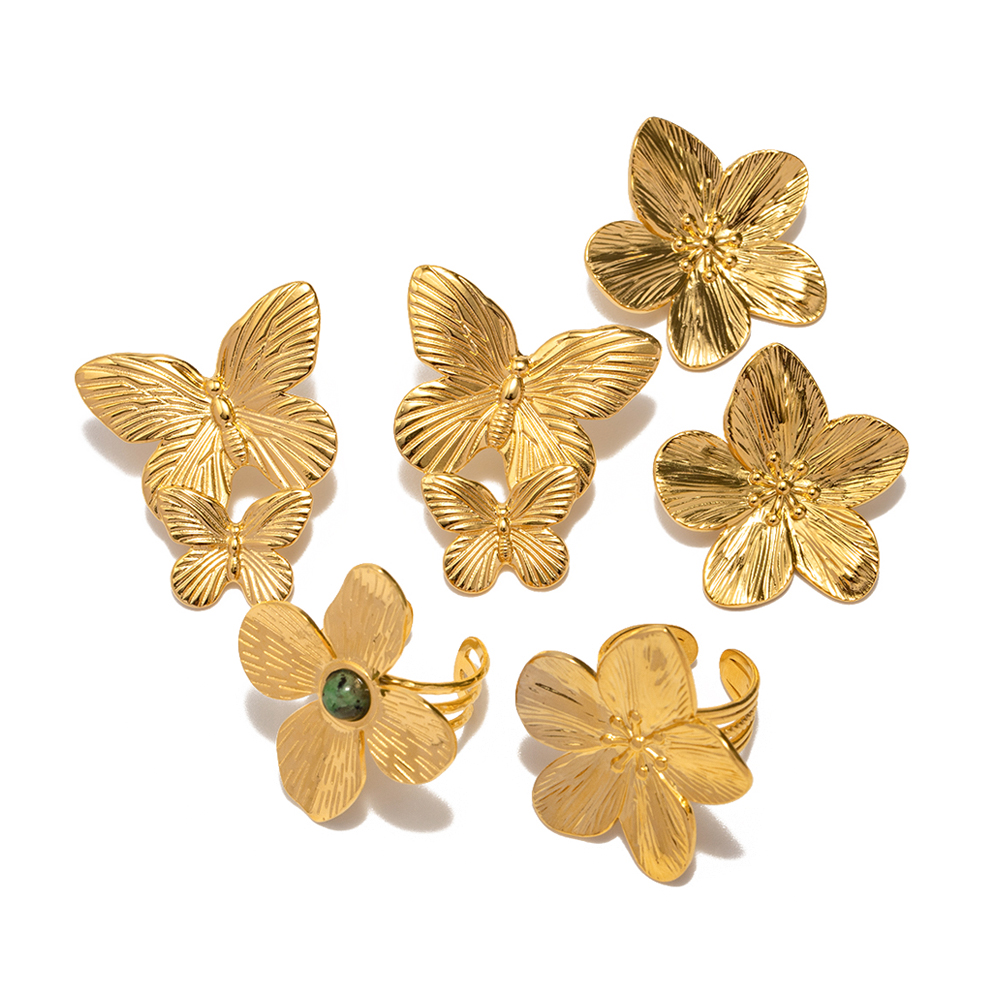 Ins-stil Blume Schmetterling Rostfreier Stahl Überzug Inlay Türkis 18 Karat Vergoldet Ringe Ohrringe display picture 1