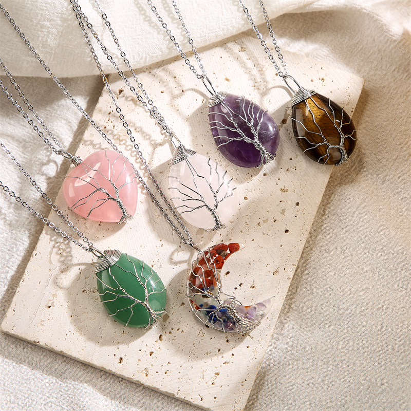 Casual Simple Style Tree Water Droplets Heart Shape Stainless Steel Natural Stone Crystal Pendant Necklace In Bulk display picture 13