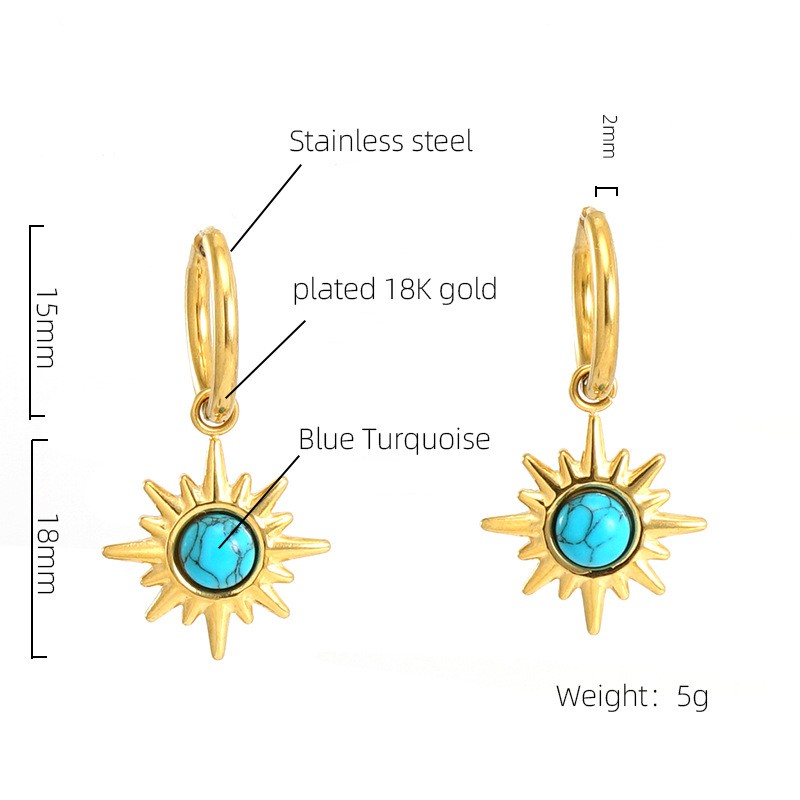Simple Style Sun Stainless Steel Plating Inlay Turquoise 18k Gold Plated Drop Earrings display picture 5