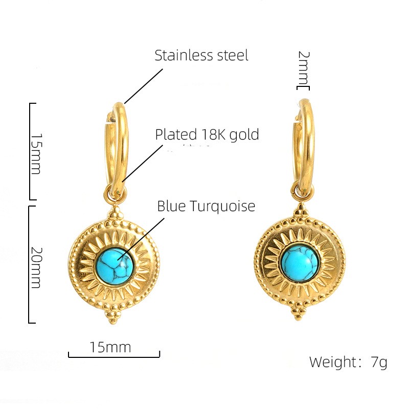 1 Pair Classic Style Flower Plating Inlay 304 Stainless Steel Turquoise 18K Gold Plated Drop Earrings display picture 5
