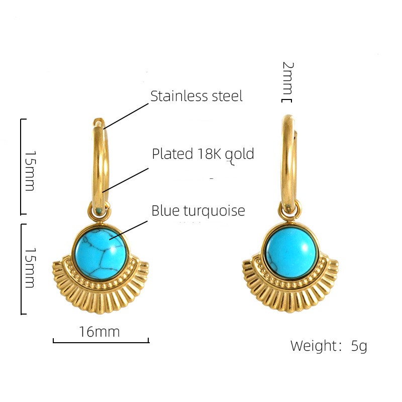 1 Pair Simple Style Round Sector Plating Inlay 304 Stainless Steel Turquoise 18K Gold Plated Drop Earrings display picture 5