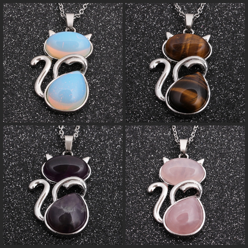 Casual Cute Cat Stainless Steel Plating Inlay Natural Stone Crystal Glass Pendant Necklace Long Necklace display picture 2