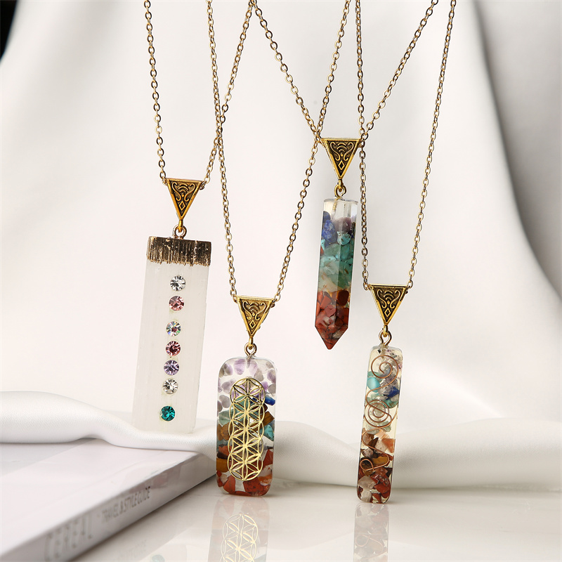 Wholesale Jewelry Ins Style Casual Multicolor Rectangle Stainless Steel Natural Stone Resin Pendant Necklace Long Necklace display picture 5