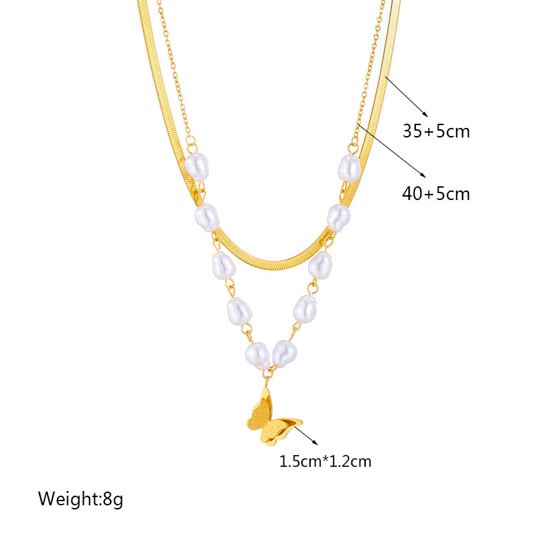 Wholesale Jewelry Baroque Style Butterfly Artificial Pearl Titanium Steel 18k Gold Plated Layered Necklaces display picture 4