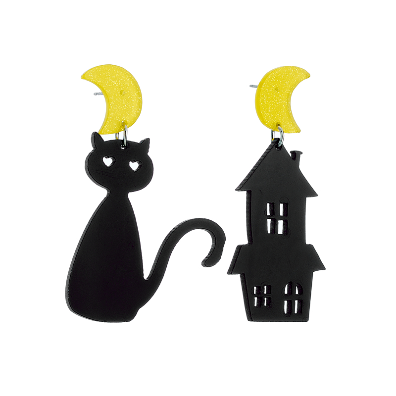 1 Pair Cartoon Style Funny House Moon Cat Asymmetrical Hollow Out Arylic Drop Earrings display picture 1