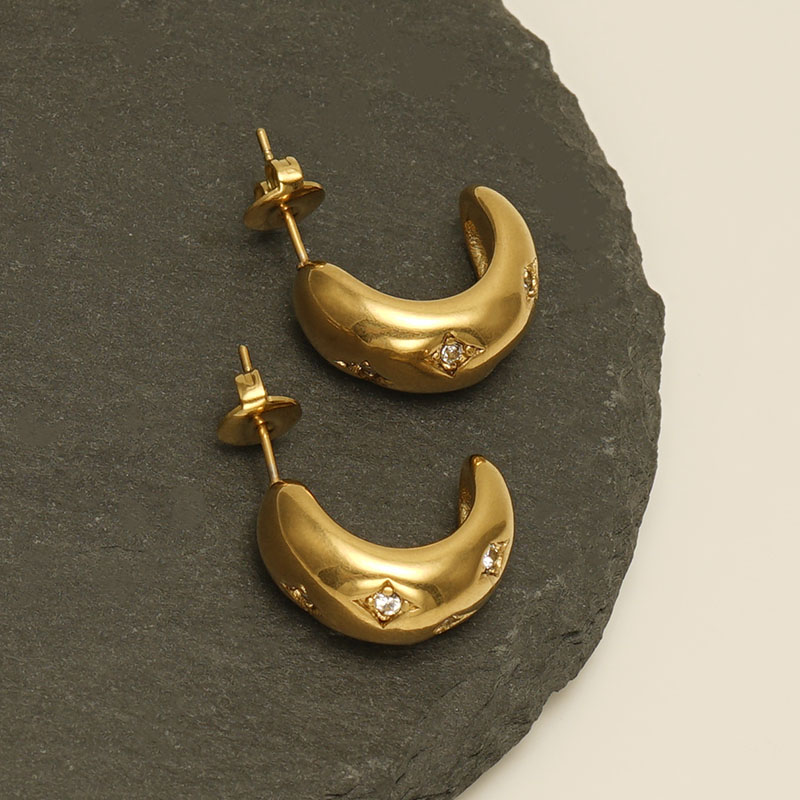 1 Pair Elegant C Shape Star Plating Inlay 304 Stainless Steel Rhinestones 18K Gold Plated Ear Studs display picture 3