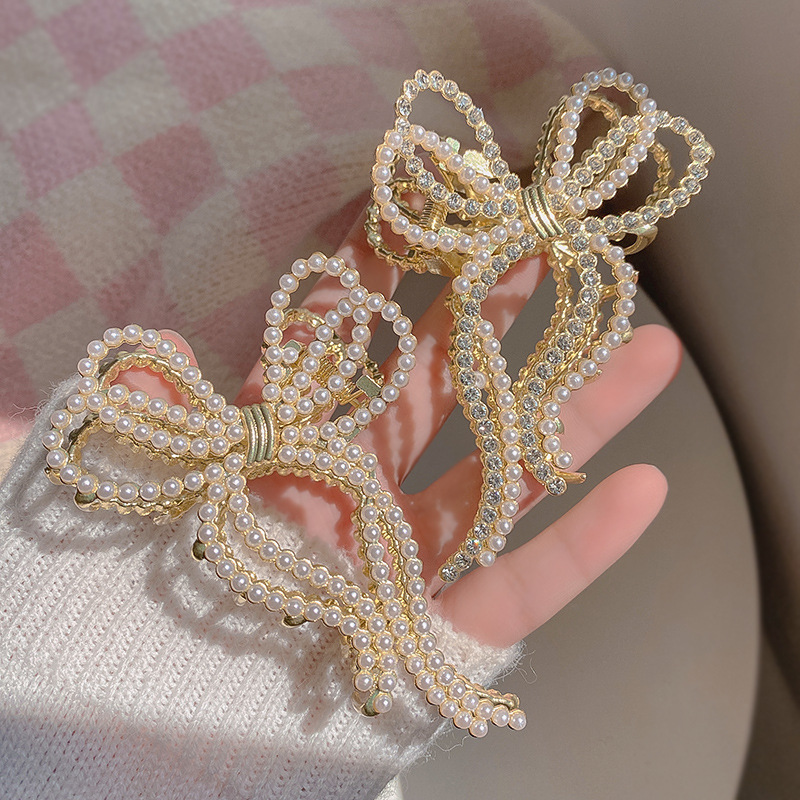 Sweet Simple Style Bow Knot Metal Handmade Inlay Artificial Rhinestones Artificial Pearls Hair Claws display picture 3