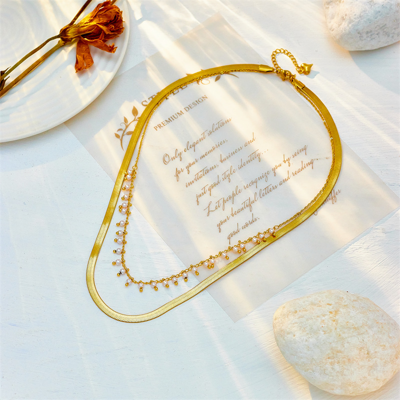 Elegant Geometrisch Titan Stahl Inlay Künstliche Perlen 18 Karat Vergoldet Geschichtete Halskette display picture 3