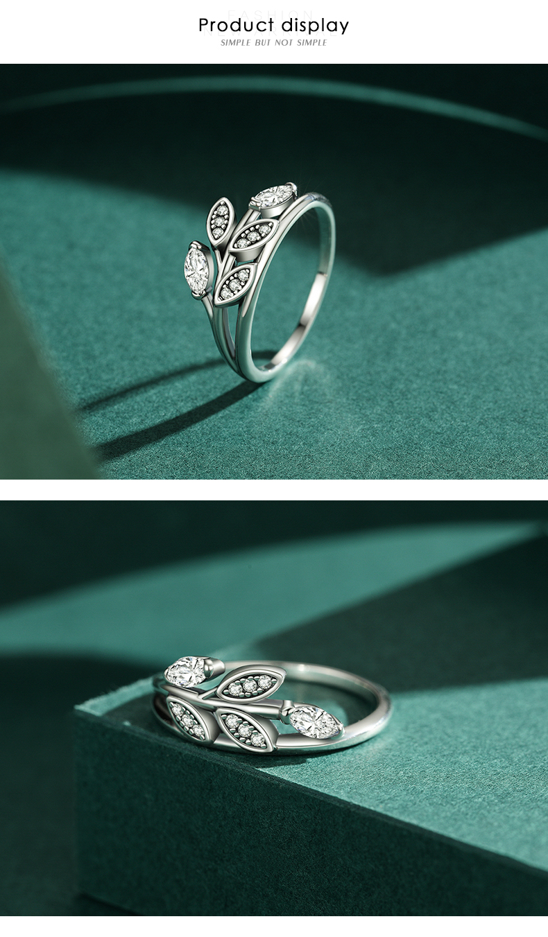 Einfache Art Blatt Sterling Silber Inlay Zirkon Ringe display picture 7