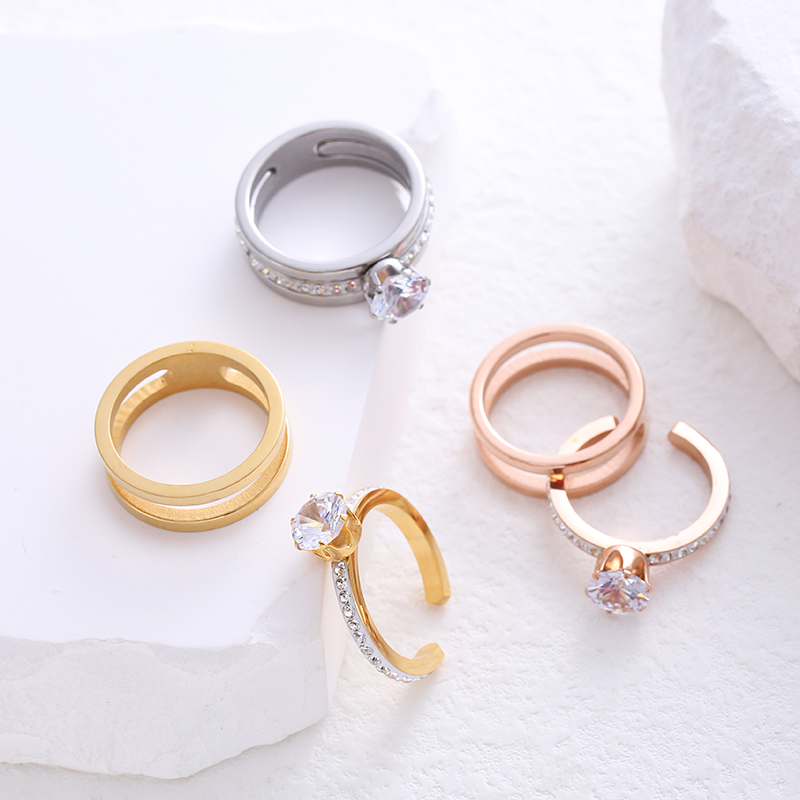 304 Stainless Steel 18K Gold Plated Commute Plating Inlay Geometric Artificial Rhinestones Rings display picture 6
