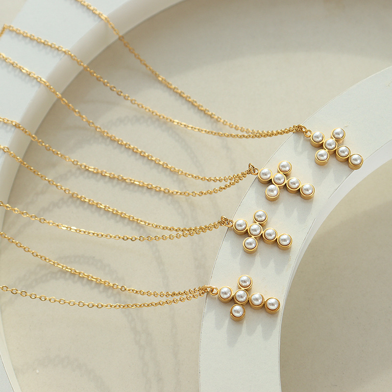 Einfacher Stil Kreuzen Titan Stahl Überzug Inlay Künstliche Perlen Halskette Mit Anhänger display picture 4