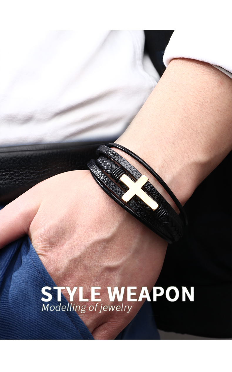 Casual British Style Cross Stainless Steel Pu Leather Knitting Men's Wristband display picture 1