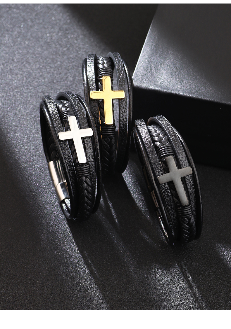 Casual British Style Cross Stainless Steel Pu Leather Knitting Men's Wristband display picture 2