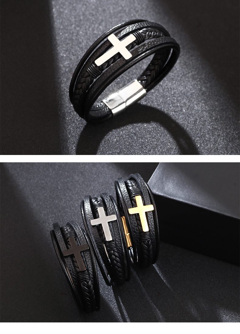 Casual British Style Cross Stainless Steel Pu Leather Knitting Men's Wristband display picture 3