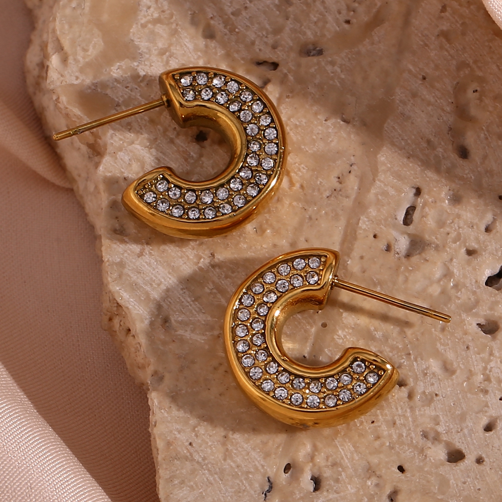 1 Pair Basic Vintage Style Classic Style C Shape Plating Inlay Stainless Steel Rhinestones 18k Gold Plated Ear Studs display picture 3