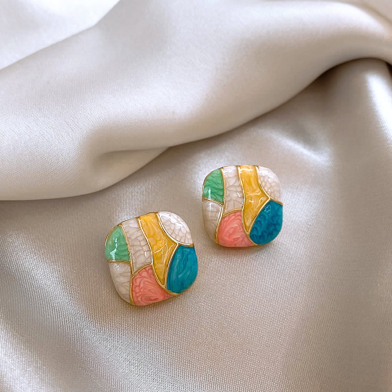 1 Pair Simple Style Korean Style Color Block Square Drip Glazed Alloy Ear Studs display picture 2