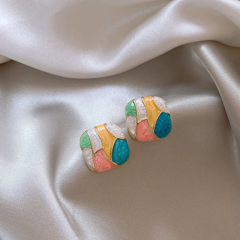 1 Pair Simple Style Korean Style Color Block Square Drip Glazed Alloy Ear Studs display picture 4