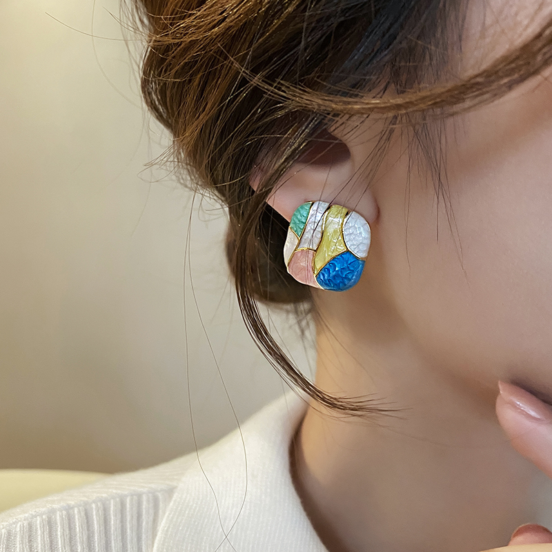 1 Pair Simple Style Korean Style Color Block Square Drip Glazed Alloy Ear Studs display picture 6