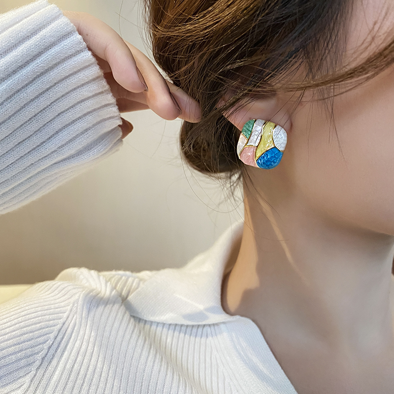 1 Pair Simple Style Korean Style Color Block Square Drip Glazed Alloy Ear Studs display picture 7