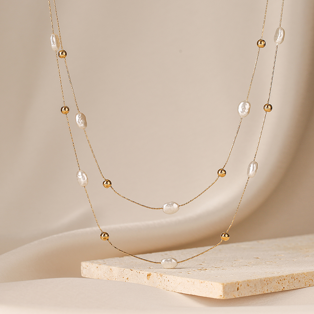 Edelstahl 304 18 Karat Vergoldet Elegant Perle Überzug Irregulär Künstliche Perlen Geschichtete Halskette display picture 3