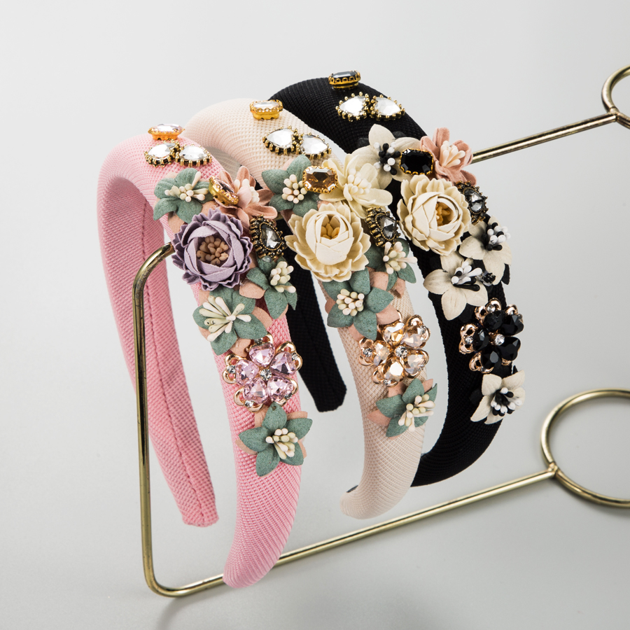 Baroque Style Sweet Flower Flannel Gauze Inlay Rhinestones Hair Band display picture 2