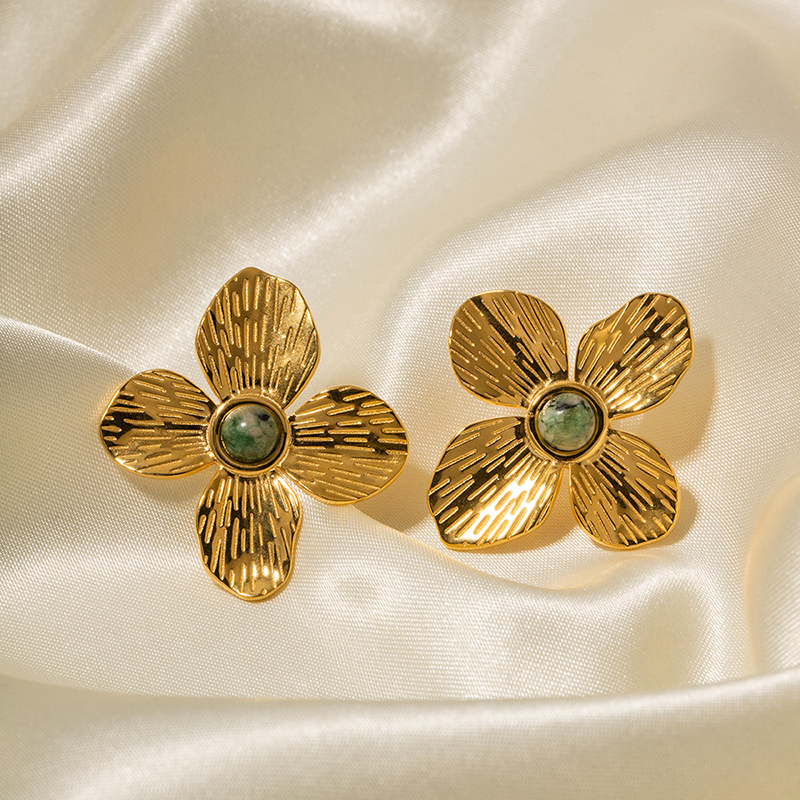 1 Pair Elegant Flower Plating Inlay Stainless Steel Turquoise 18k Gold Plated Ear Studs display picture 3
