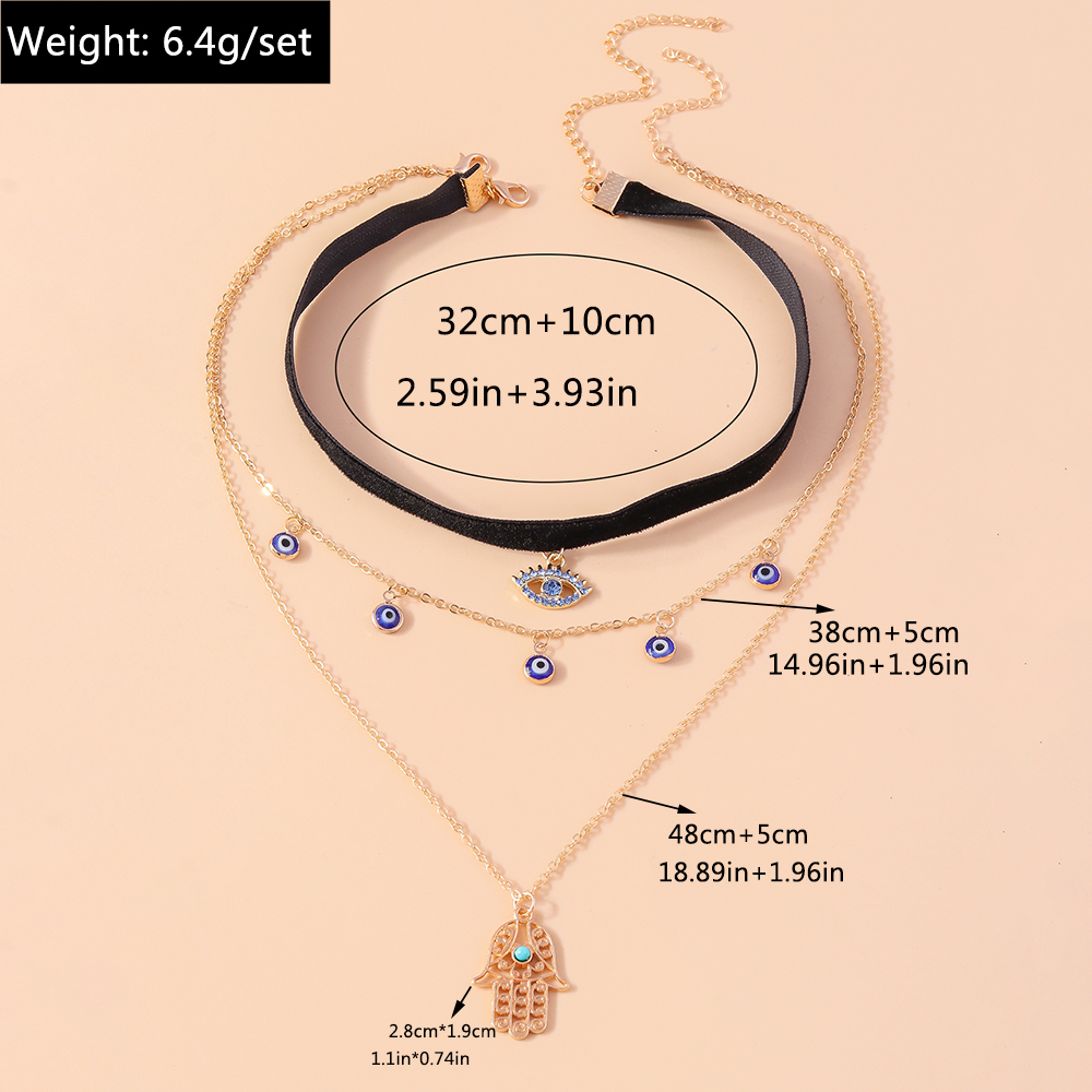 Ethnic Style Modern Style Devil's Eye Palm Fabric Zinc Alloy Plating Hollow Out Inlay Turquoise Rhinestones Women's Layered Necklaces display picture 1