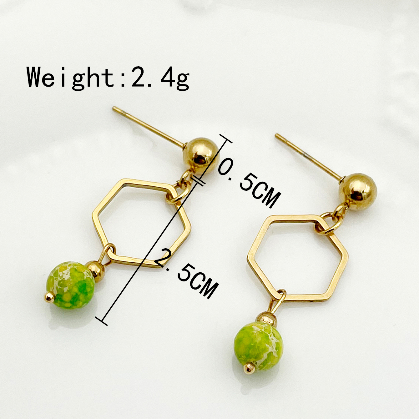1 Pair Chinoiserie Classical Cute Hexagon Plating Hollow Out 304 Stainless Steel Natural Stone Natural Stone Beads 14K Gold Plated Drop Earrings display picture 1