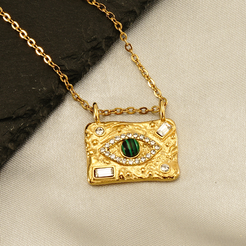 304 Stainless Steel 18K Gold Plated INS Style Casual Plating Inlay Devil'S Eye Malachite Rhinestones Pendant Necklace display picture 1