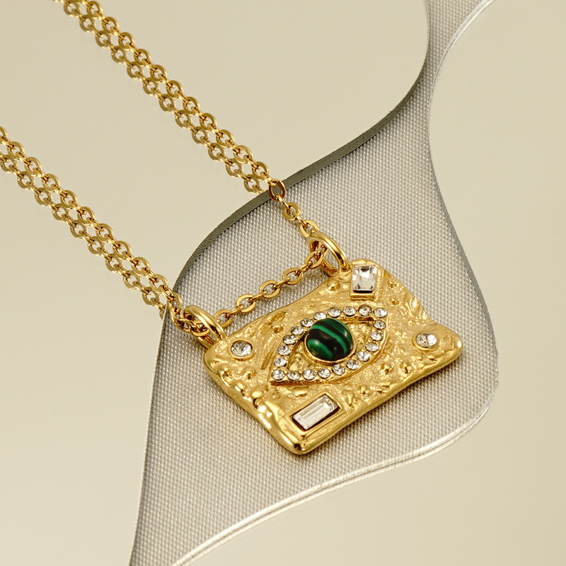 304 Stainless Steel 18K Gold Plated INS Style Casual Plating Inlay Devil'S Eye Malachite Rhinestones Pendant Necklace display picture 3