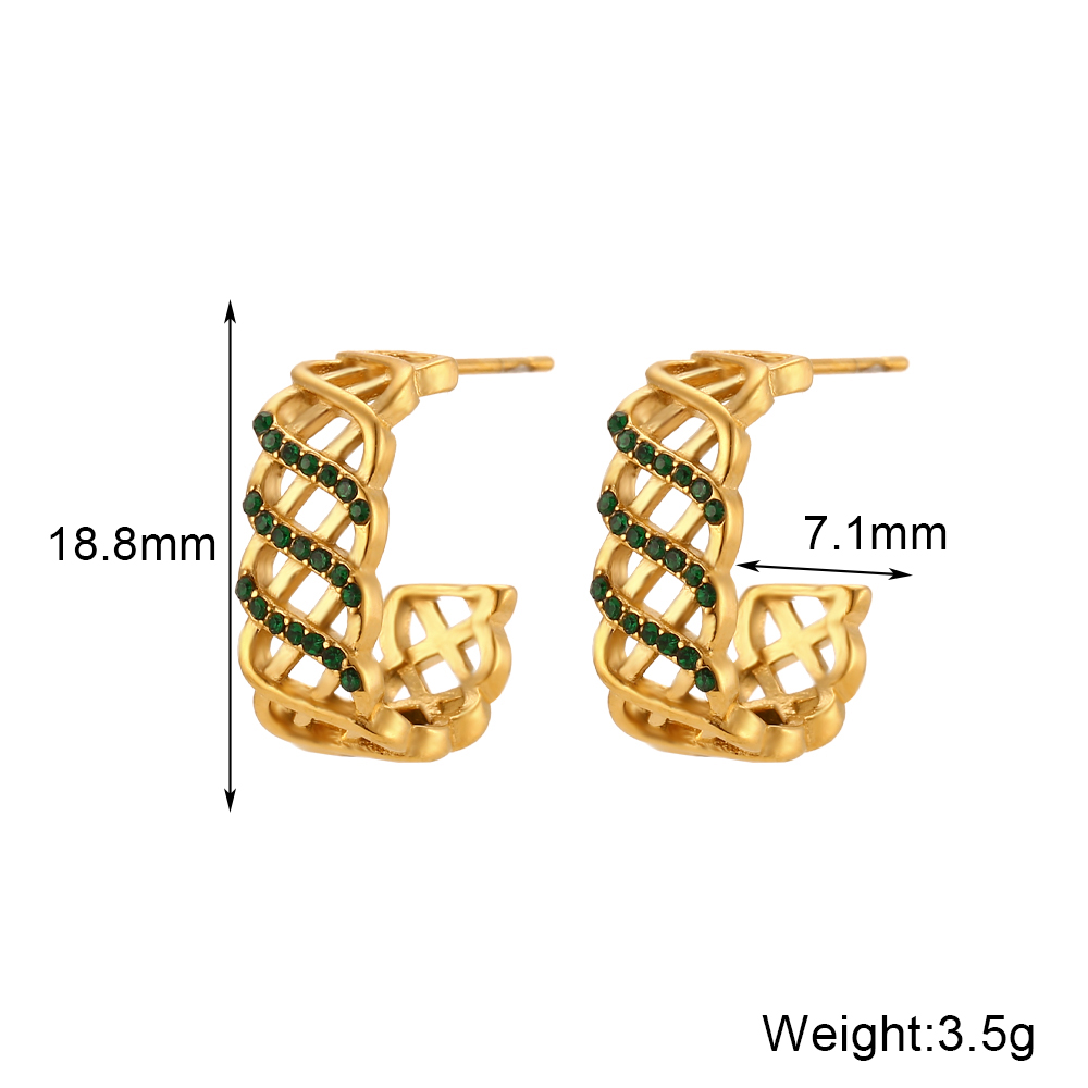 1 Pair Vintage Style C Shape Plating Inlay Stainless Steel Rhinestones 18k Gold Plated Ear Studs display picture 2