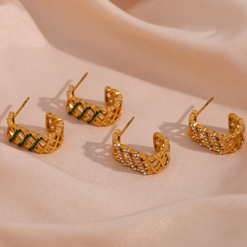 1 Pair Vintage Style C Shape Plating Inlay Stainless Steel Rhinestones 18k Gold Plated Ear Studs display picture 9