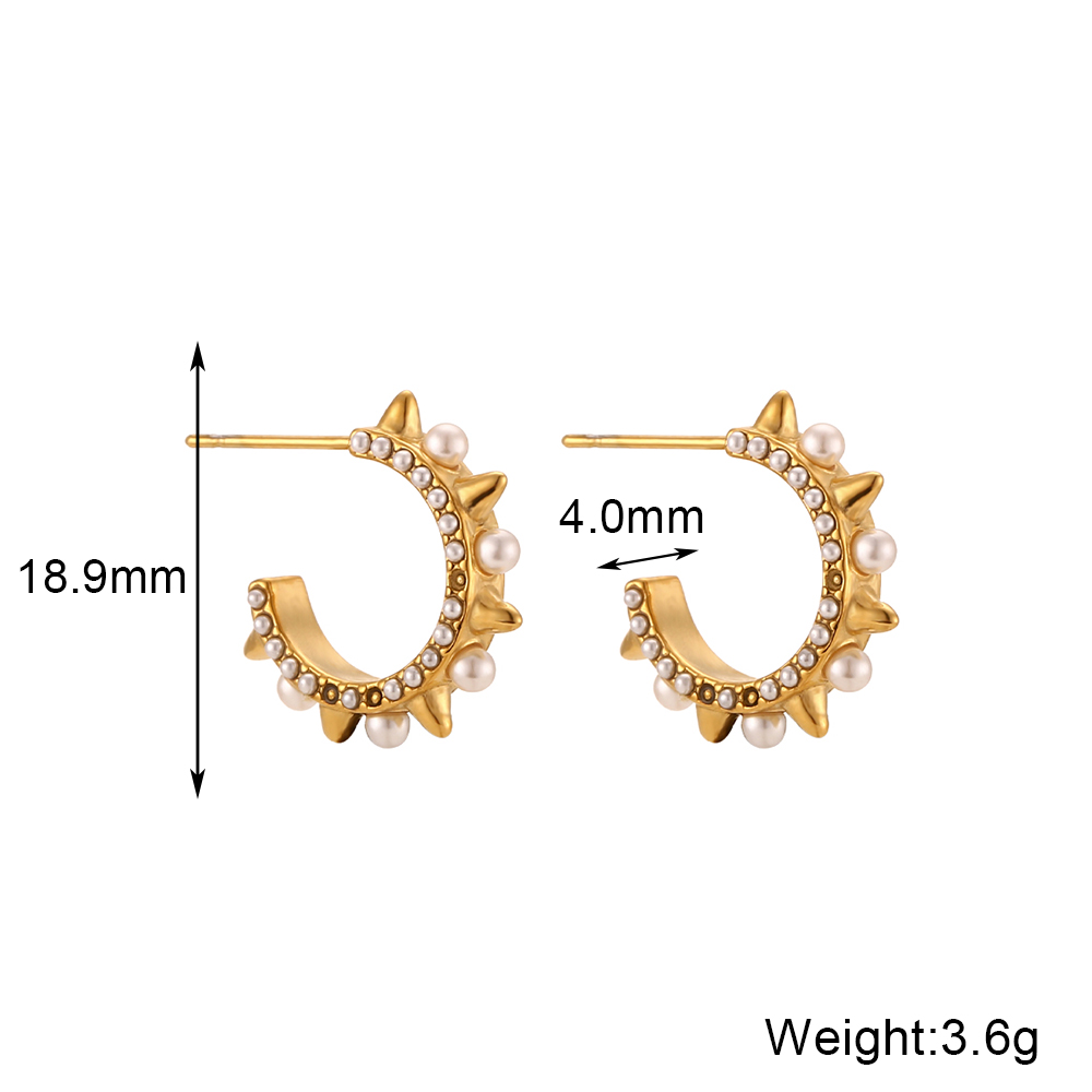 1 Pair Vintage Style Cool Style C Shape Plating Inlay Stainless Steel Pearl 18k Gold Plated Ear Studs display picture 2
