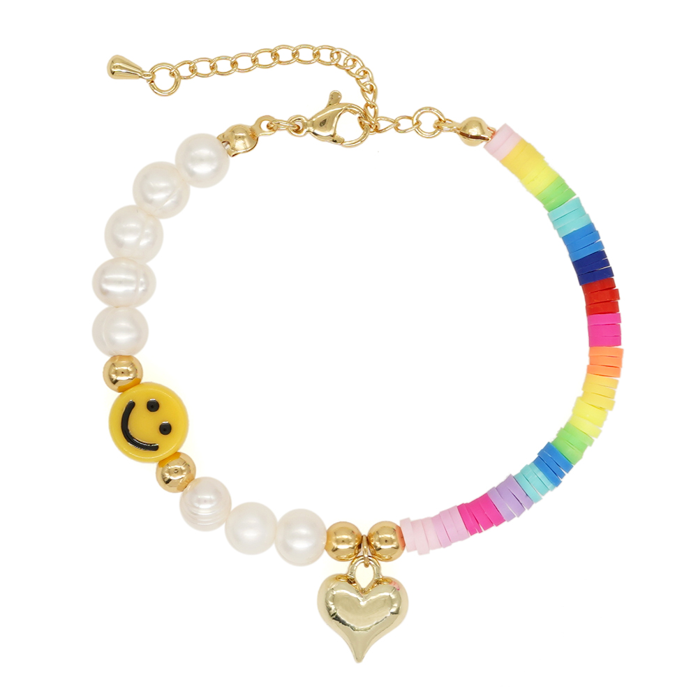 Cute Heart Shape Smiley Face Flower Freshwater Pearl Soft Clay Beaded Bracelets display picture 1