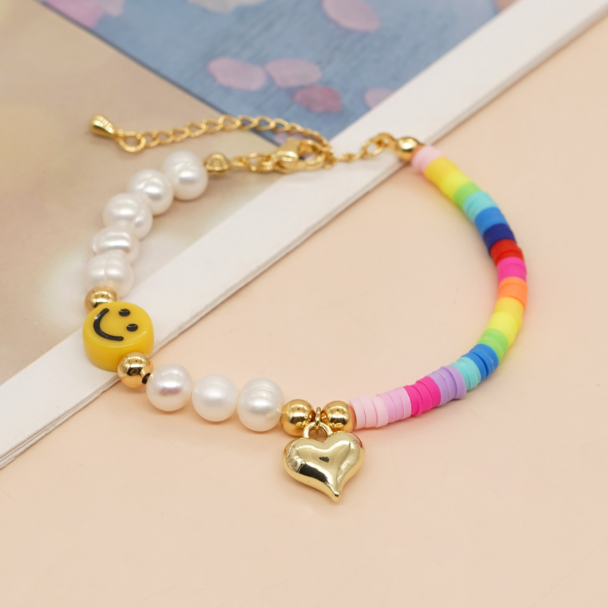 Cute Heart Shape Smiley Face Flower Freshwater Pearl Soft Clay Beaded Bracelets display picture 2