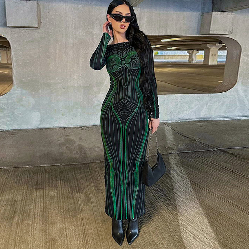 Women's A-line Skirt Sheath Dress Bodycon Dress Elegant Sexy Classic Style Round Neck Long Sleeve Geometric Maxi Long Dress Banquet Special Occasion Date display picture 5