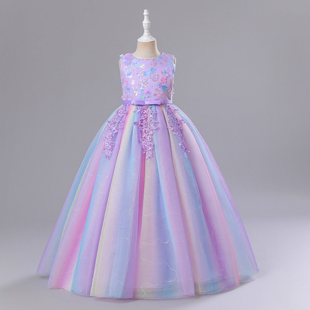 Princess Romantic Colorful Flower Pearl Polyester Girls Dresses display picture 2