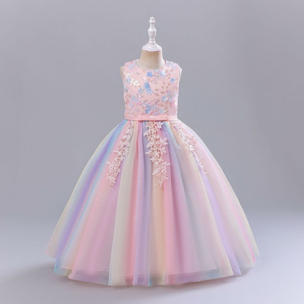 Princess Romantic Colorful Flower Pearl Polyester Girls Dresses display picture 8