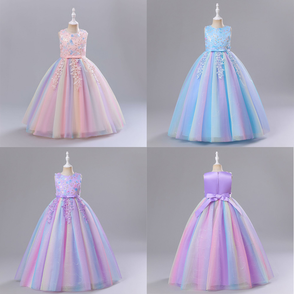 Princess Romantic Colorful Flower Pearl Polyester Girls Dresses display picture 1