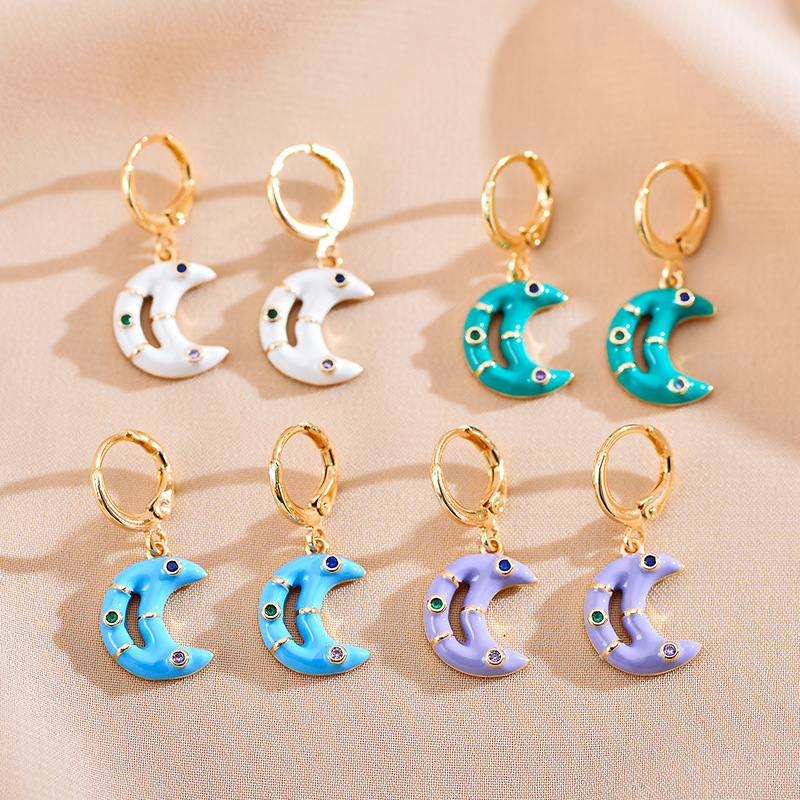 1 Pair Elegant Moon Copper Enamel Plating Inlay Zircon Gold Plated Drop Earrings display picture 8
