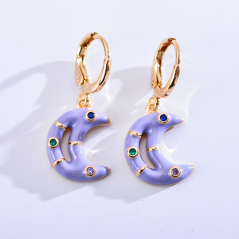 1 Paire Élégant Lune Le Cuivre Émail Placage Incruster Zircon Plaqué Or Boucles D'oreilles display picture 6