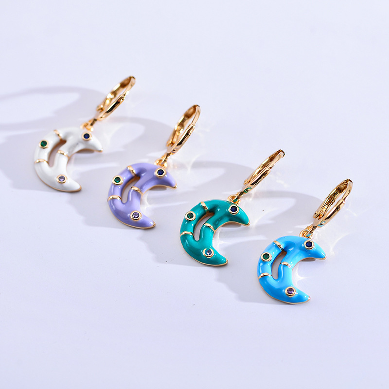 1 Pair Elegant Moon Copper Enamel Plating Inlay Zircon Gold Plated Drop Earrings display picture 3