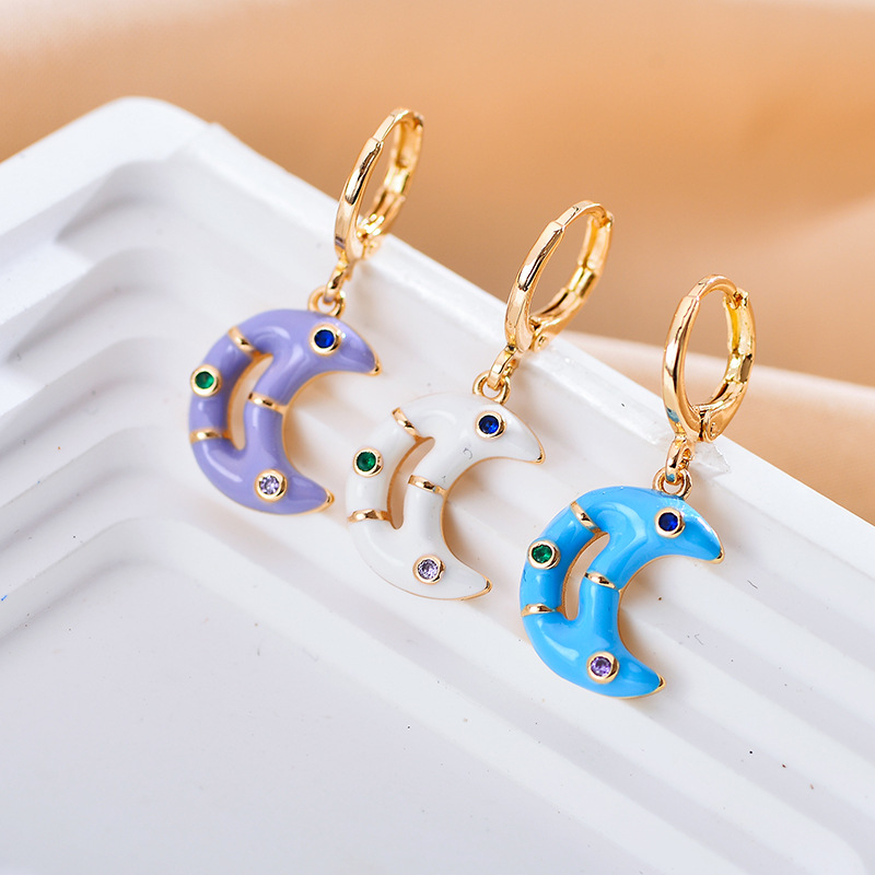 1 Pair Elegant Moon Copper Enamel Plating Inlay Zircon Gold Plated Drop Earrings display picture 4