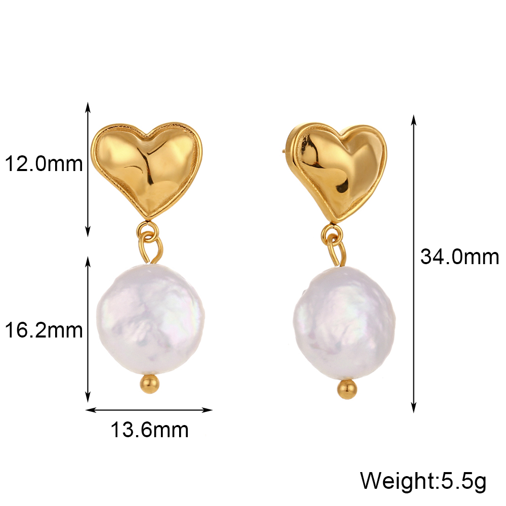 1 Pair French Style Heart Shape Plating Stainless Steel Freshwater Pearl 18k Gold Plated Drop Earrings display picture 2