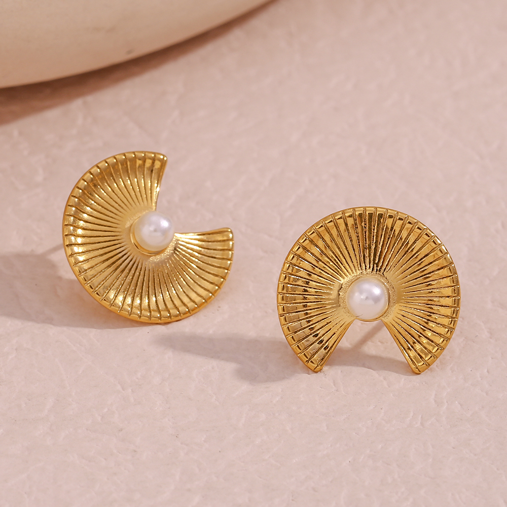 1 Pair French Style Sector Stainless Steel Plating Inlay Pearl 18k Gold Plated Ear Studs display picture 8